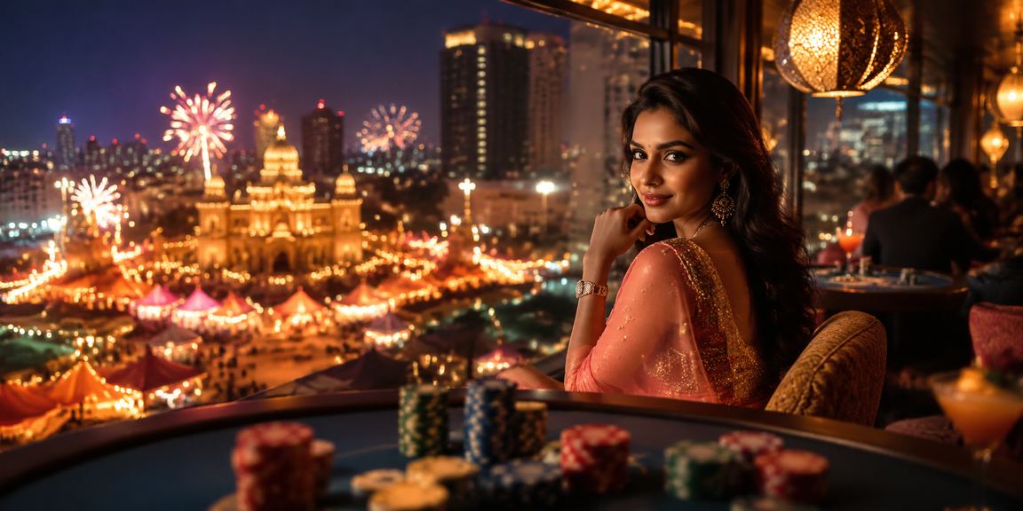 Festive bonus celebrations at Indian night market, glowing lights